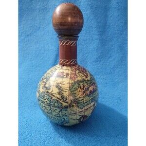 Vtg Decanter Italian Leather Wrapped Fausto Corduri World Map Globe Glass 1960's